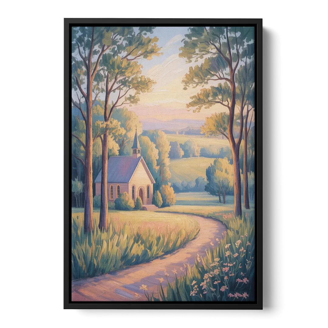 Christian Countryside Chapel Front - Black Canvas Wall Art