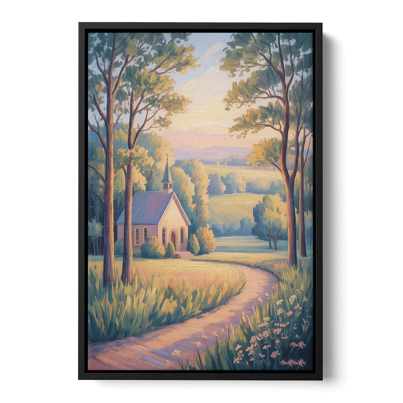 Christian Countryside Chapel Front - Black Canvas Wall Art