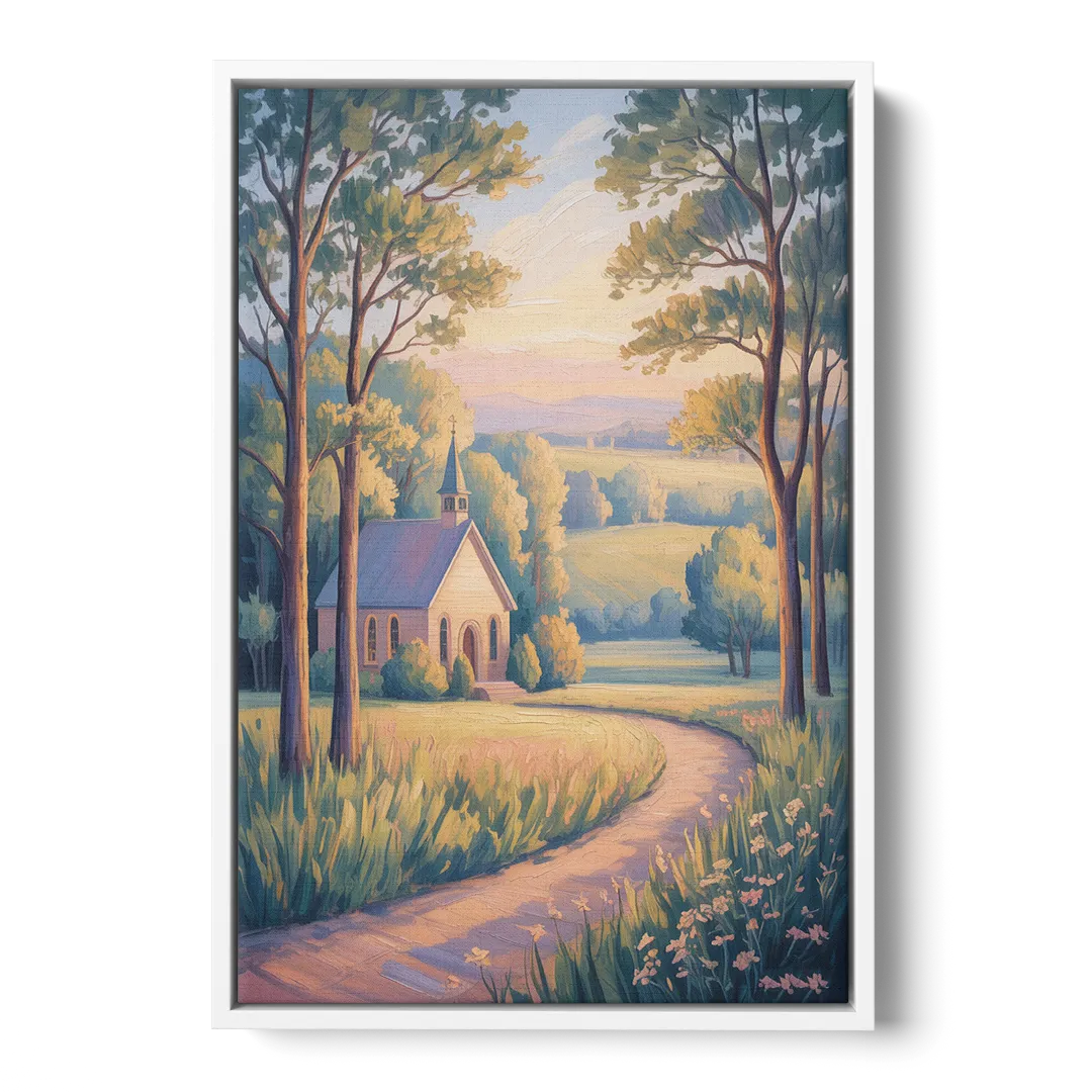 Christian Countryside Chapel - White Frame Canvas