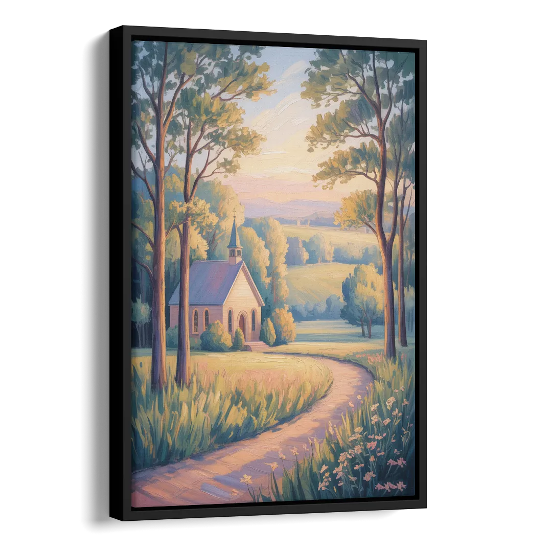 Christian Countryside Chapel Side - Black Canvas Wall Art