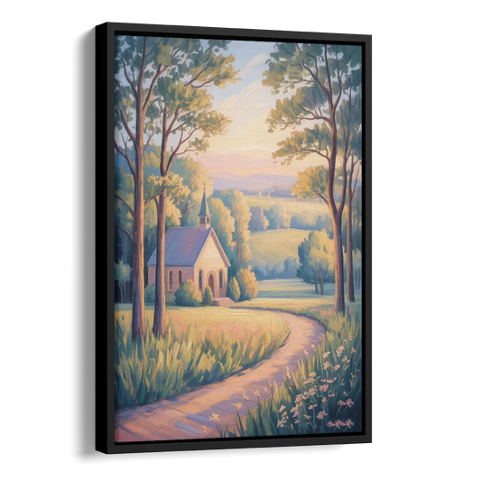 Christian Countryside Chapel Side - Black Canvas Wall Art