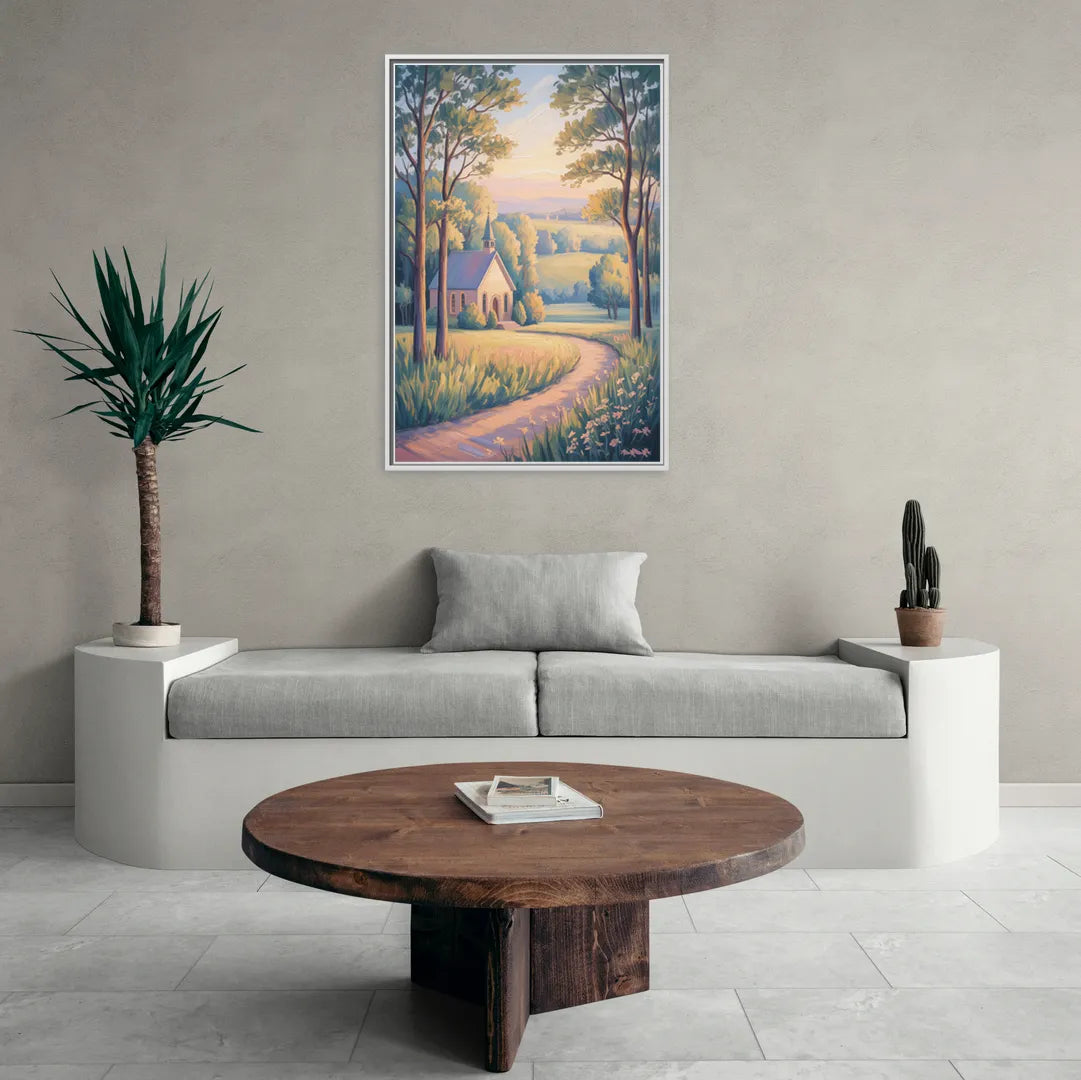 Christian Countryside Chapel - Living Room White Frame Canvas
