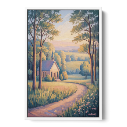 Christian Countryside Chapel Front - White Canvas Wall Art