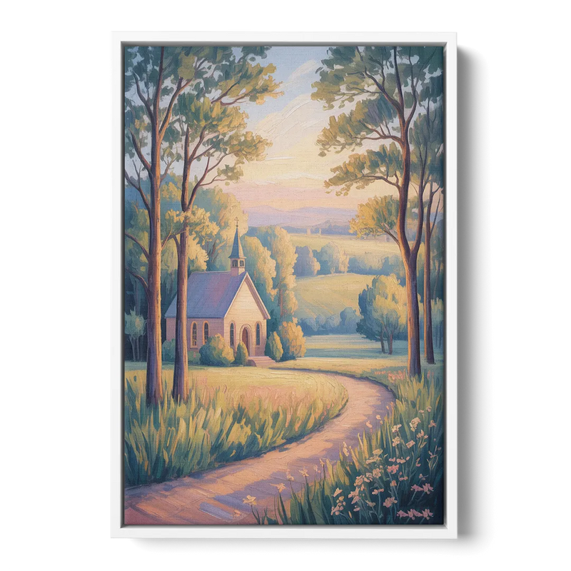 Christian Countryside Chapel Front - White Canvas Wall Art