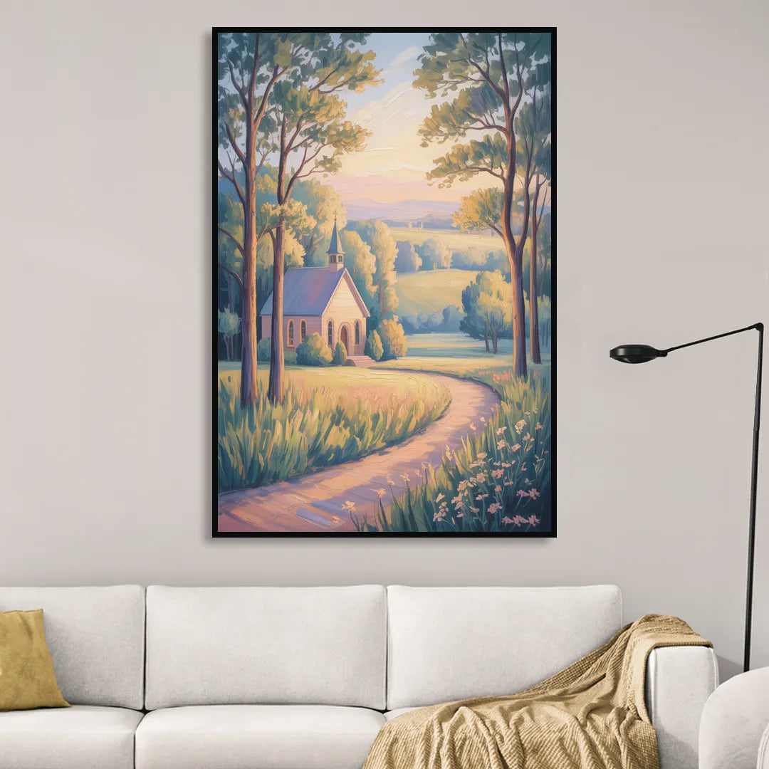 Christian Countryside Chapel Living Room - Black Canvas Wall Art