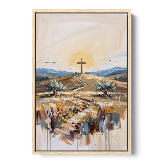 Christian Cross Landscape - Oak Framed Canvas Wall Art - Front