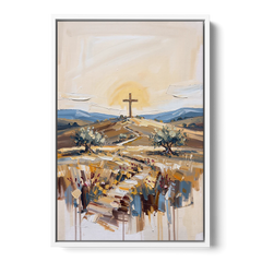 Christian Cross Landscape - White Framed Canvas Wall Art - Front