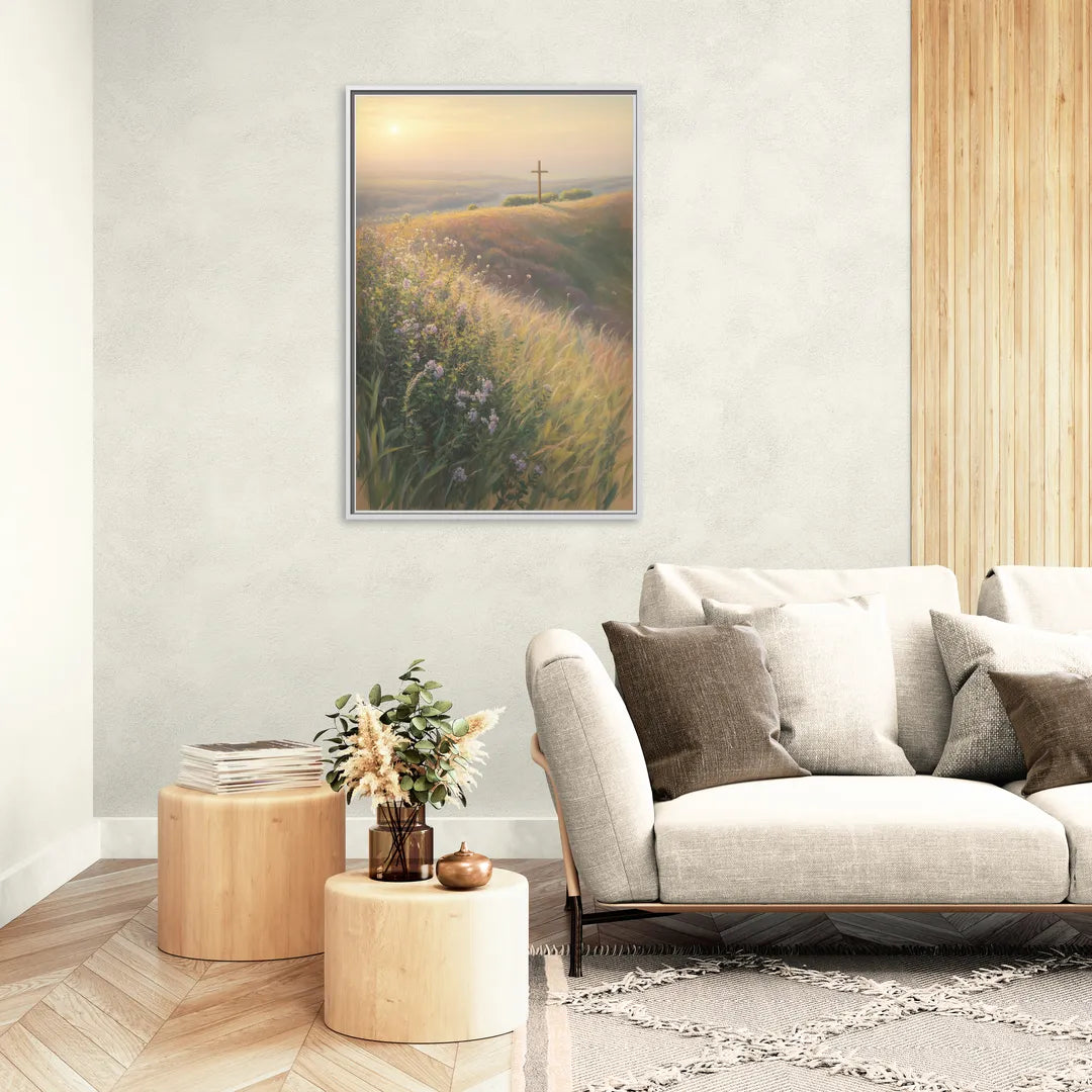 Christian Cross Landscape - Living Room White Frame Canvas