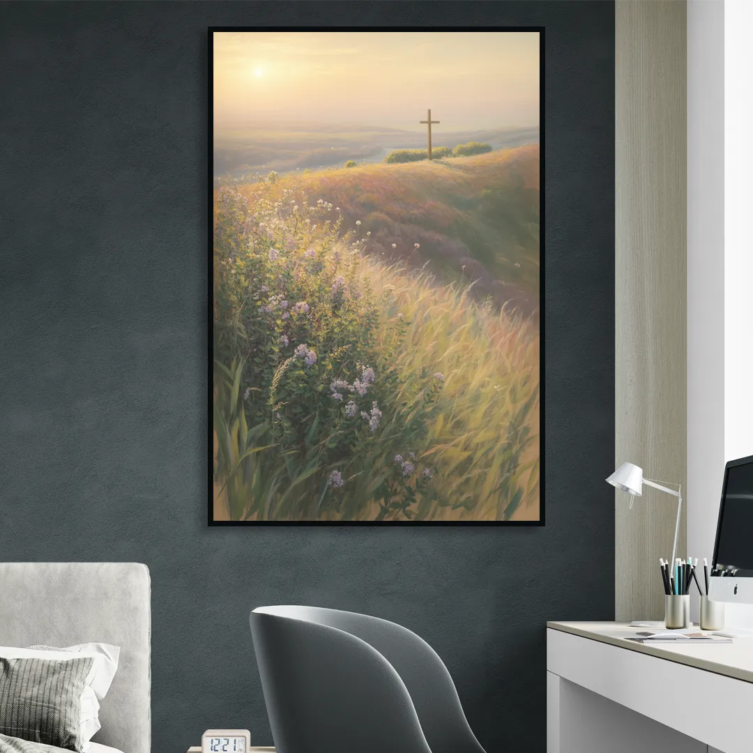 Christian Cross Landscape Sitting Room - Black Canvas Wall Art