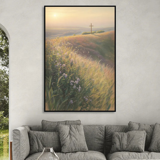 Christian Cross Landscape Living Room - Black Canvas Wall Art