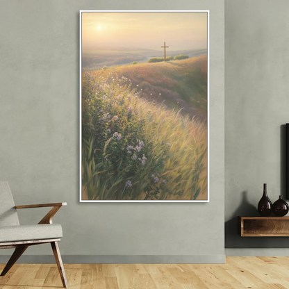 Christian Cross Landscape Sitting Room - White Canvas Wall Art