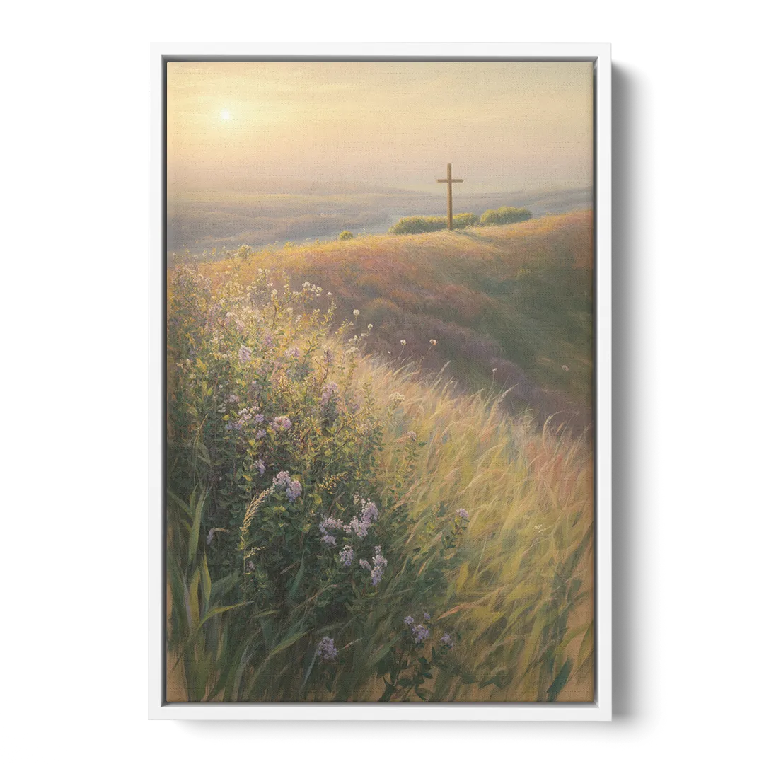 Christian Cross Landscape - White Frame Canvas