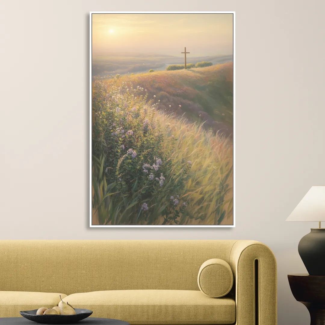Christian Cross Landscape Living Room - White Canvas Wall Art