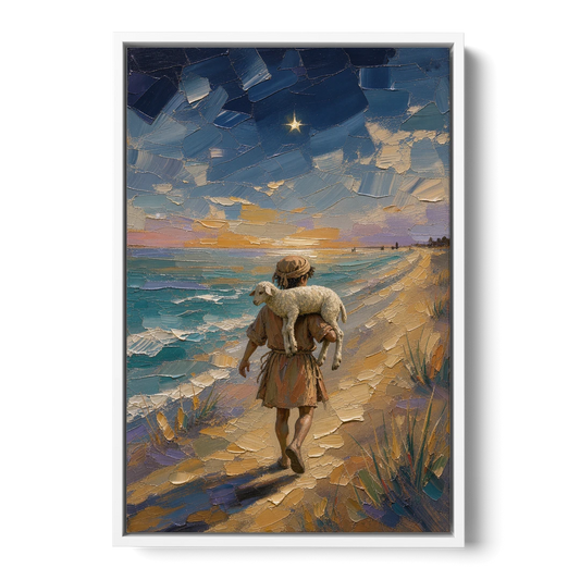 Christian Shepherd Carrying the Lamb - White Framed Canvas Wall Art - Front