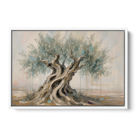 Christian Wall Decor with an Ancient Olive Tree - White Framed Canvas Wall Art - Front