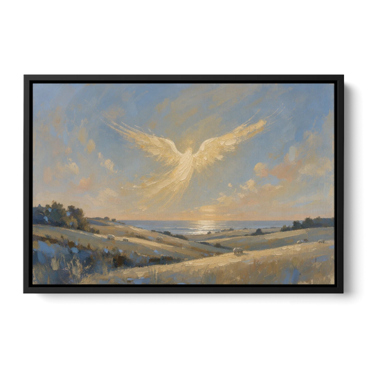 Christmas Angel Painting Over the Pastures - Black Framed Canvas Wall Art - Front