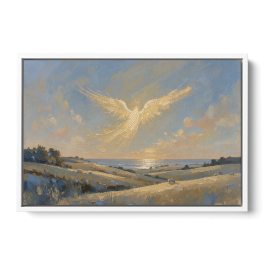 Christmas Angel Painting Over the Pastures - White Framed Canvas Wall Art - Front