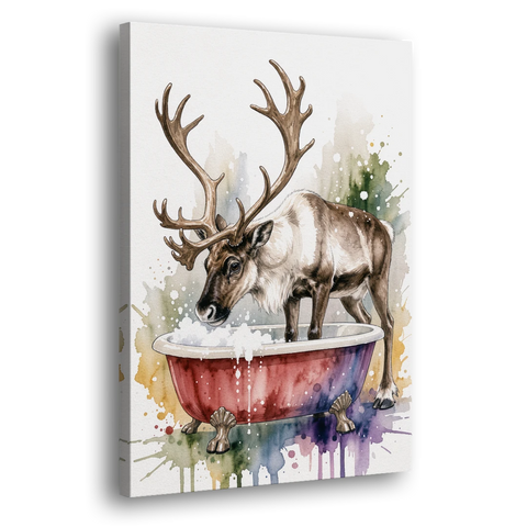 Christmas Bathroom Wall Art Reindeer Sniffing the Bubbles - Canvas Wall Art - Side