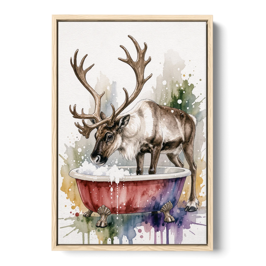 Christmas Bathroom Wall Art Reindeer Sniffing the Bubbles - Oak Framed Canvas Wall Art - Front
