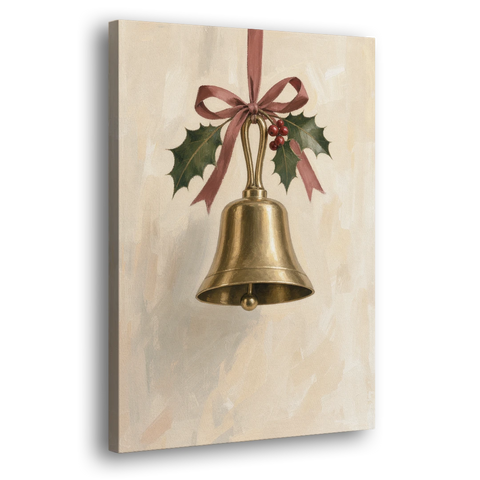 Christmas Bell Painting with Cranberry Ribbon - Canvas Wall Art - Side