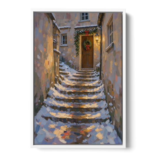 Christmas Canvas Prints Stone Steps to the Lantern - White Framed Canvas Wall Art - Front