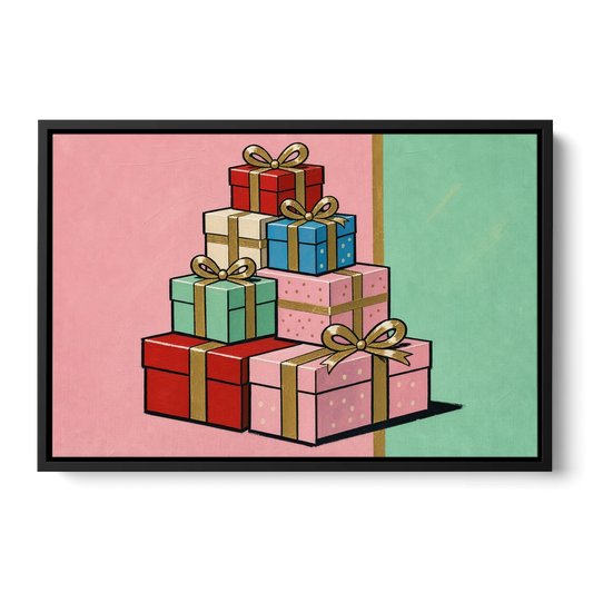 Christmas Canvas Wall Art Tower of Wrapped Presents - Black Framed Canvas Wall Art - Front