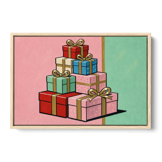 Christmas Canvas Wall Art Tower of Wrapped Presents - Oak Framed Canvas Wall Art - Front