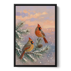 Christmas Cardinal Pair with Pine Cone at Dusk - Black Framed Canvas Wall Art - Front