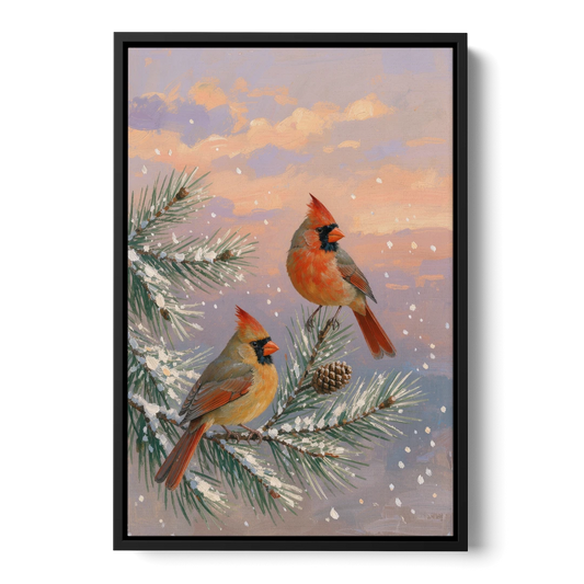 Christmas Cardinal Pair with Pine Cone at Dusk - Black Framed Canvas Wall Art - Front