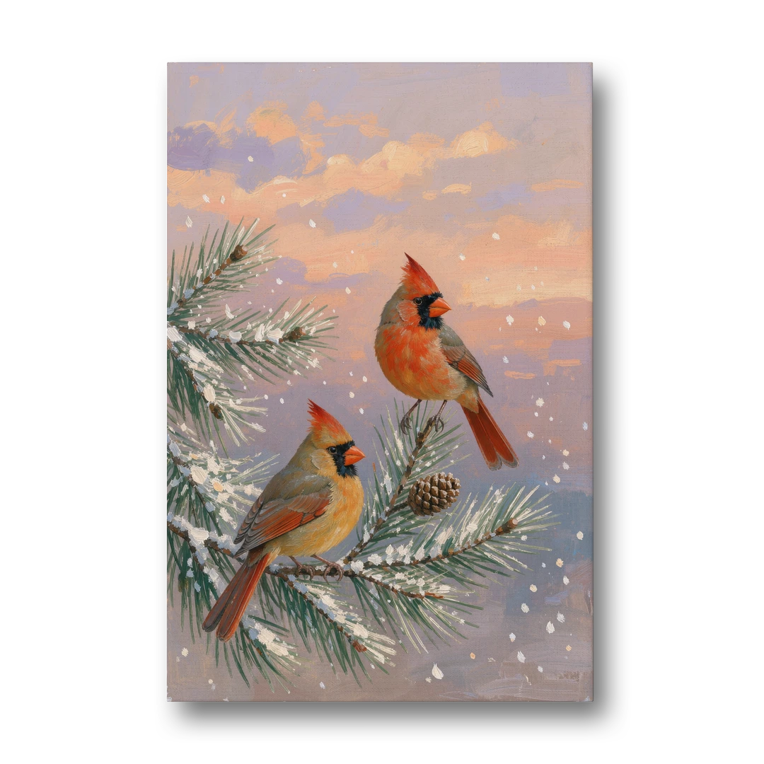 Christmas Cardinal Pair with Pine Cone at Dusk - Canvas Wall Art - Front