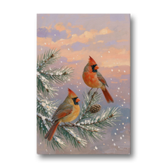 Christmas Cardinal Pair with Pine Cone at Dusk - Canvas Wall Art - Front