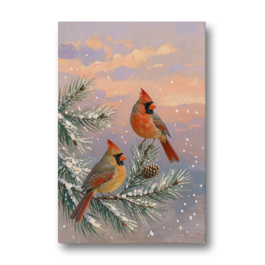 Christmas Cardinal Pair with Pine Cone at Dusk - Canvas Wall Art - Front