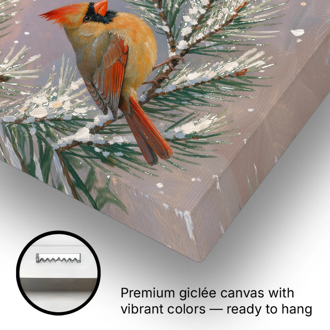 Christmas Cardinal Pair with Pine Cone at Dusk - Canvas Wall Art - Gallery Wrap Corner