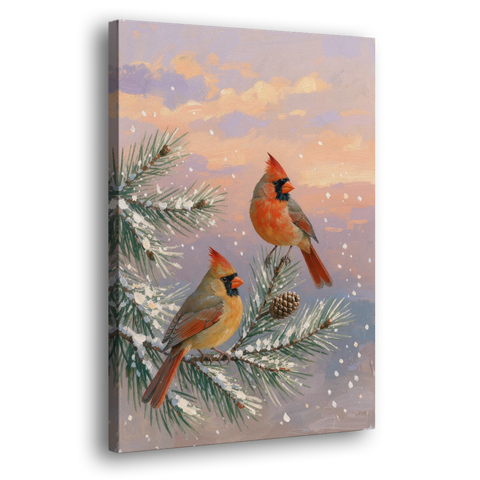 Christmas Cardinal Pair with Pine Cone at Dusk - Canvas Wall Art