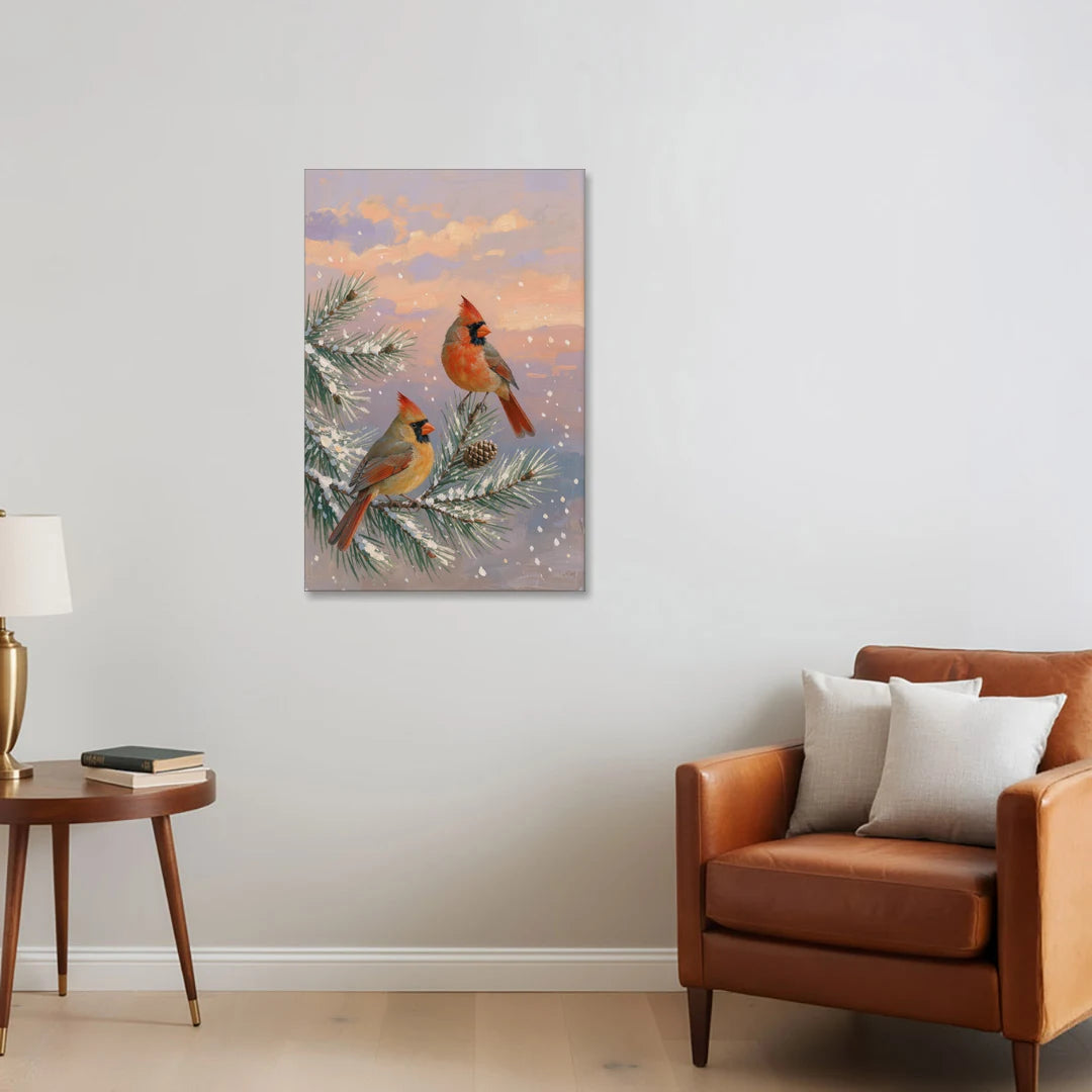 Christmas Cardinal Pair with Pine Cone at Dusk - Canvas Wall Art - Sofa - 24x36
