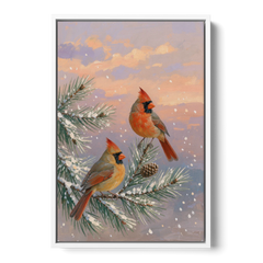 Christmas Cardinal Pair with Pine Cone at Dusk - White Framed Canvas Wall Art - Front