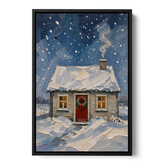 Christmas Cottage Painting with Candlelit Windows - Black Framed Canvas Wall Art - Front