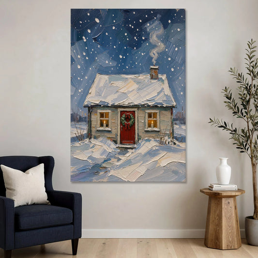 Christmas Cottage Painting with Candlelit Windows - Canvas Wall Art - Sofa - 40x60