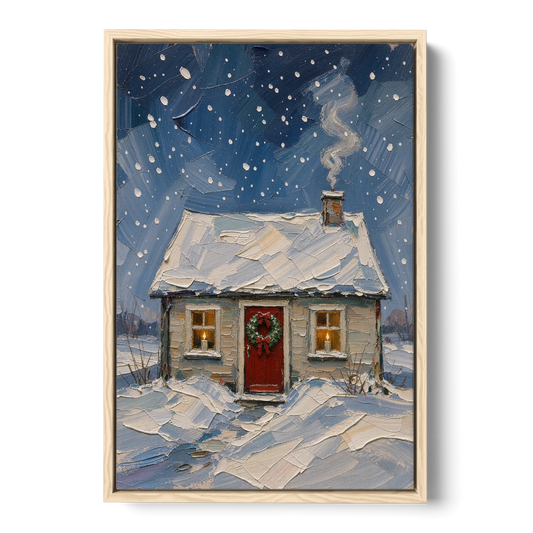 Christmas Cottage Painting with Candlelit Windows - Oak Framed Canvas Wall Art - Front