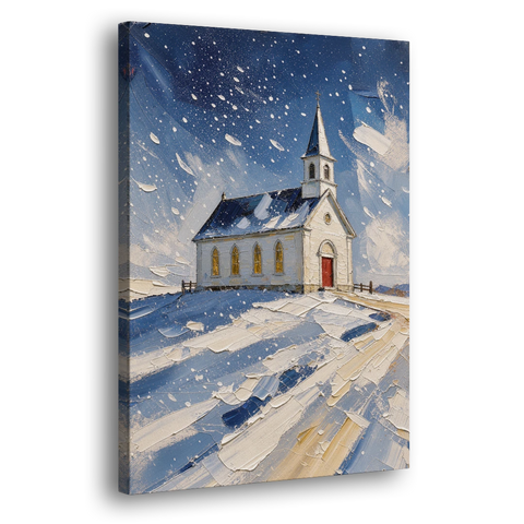 Christmas Eve Painting of a Hilltop Chapel - Canvas Wall Art - Side
