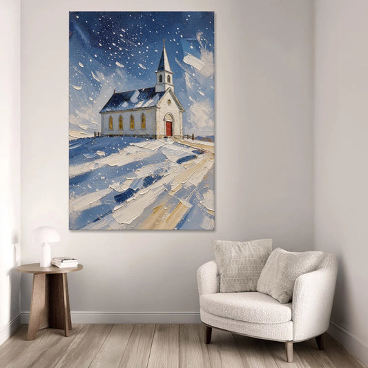 Christmas Eve Painting of a Hilltop Chapel - Canvas Wall Art - Sofa - 40x60
