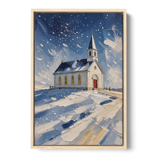 Christmas Eve Painting of a Hilltop Chapel - Oak Framed Canvas Wall Art - Front