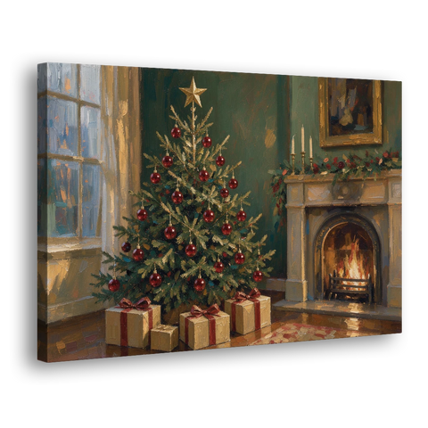 Christmas Fireplace Painting with Cranberry Fir - Canvas Wall Art - Side