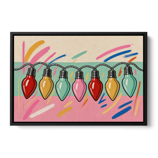 Christmas Gallery Wall Art with Swooping C9 Bulbs - Black Framed Canvas Wall Art - Front