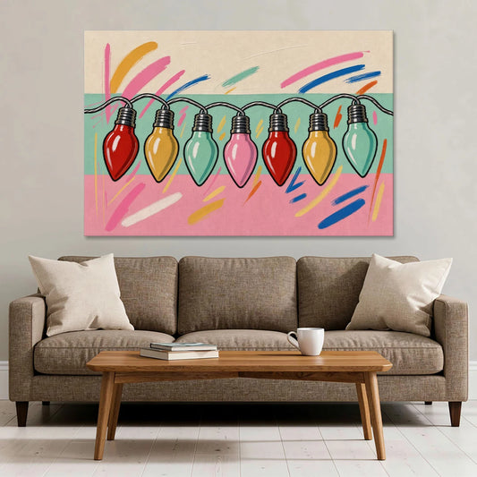 Christmas Gallery Wall Art with Swooping C9 Bulbs - Canvas Wall Art - Sofa - 60x40