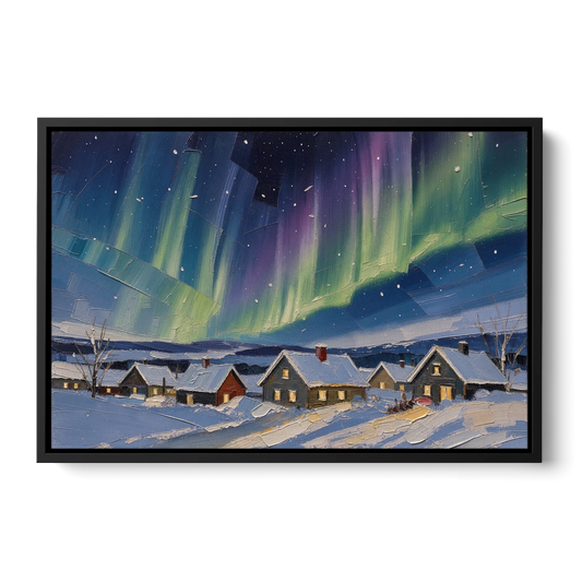 Christmas Landscape Painting Under Northern Lights - Black Framed Canvas Wall Art - Front