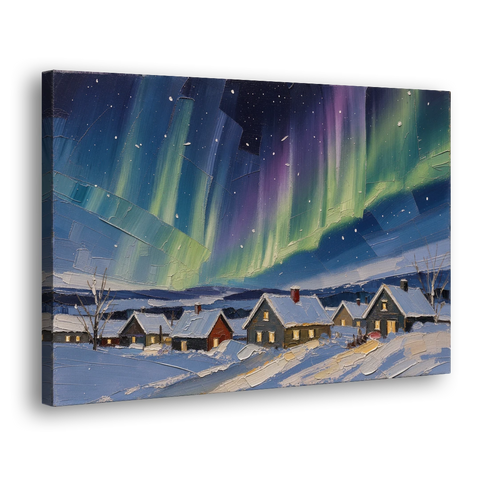 Christmas Landscape Painting Under Northern Lights - Canvas Wall Art - Side