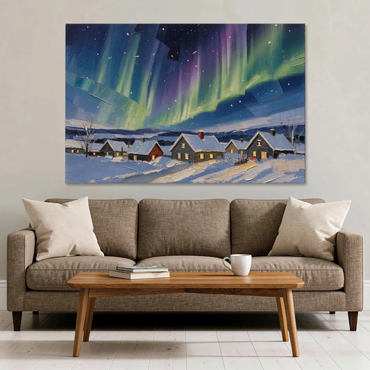 Christmas Landscape Painting Under Northern Lights - Canvas Wall Art - Sofa - 60x40