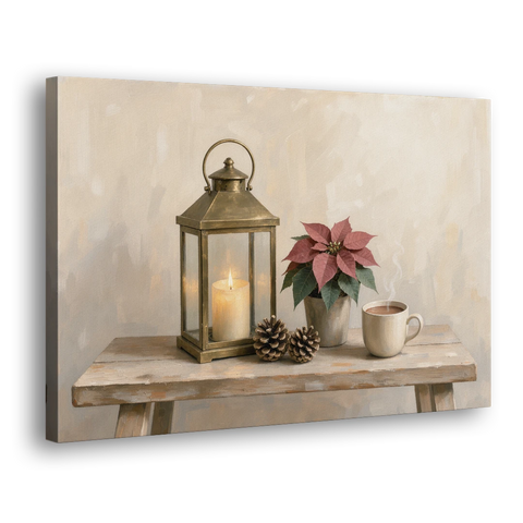 Christmas Lantern Painting with Cocoa and Poinsettia - Canvas Wall Art - Side