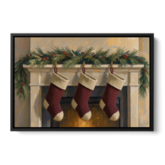 Christmas Mantel Painting with Three Knit Stockings - Black Framed Canvas Wall Art - Front